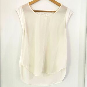 a loves a Women's Ivory Cream Cap Sleeve High Low Hem Sheer Round Neck Top Sz M